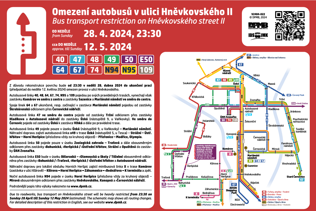 Info grafika dopravního podniku týkající se omezení autobusů v ulici Hněvkovského