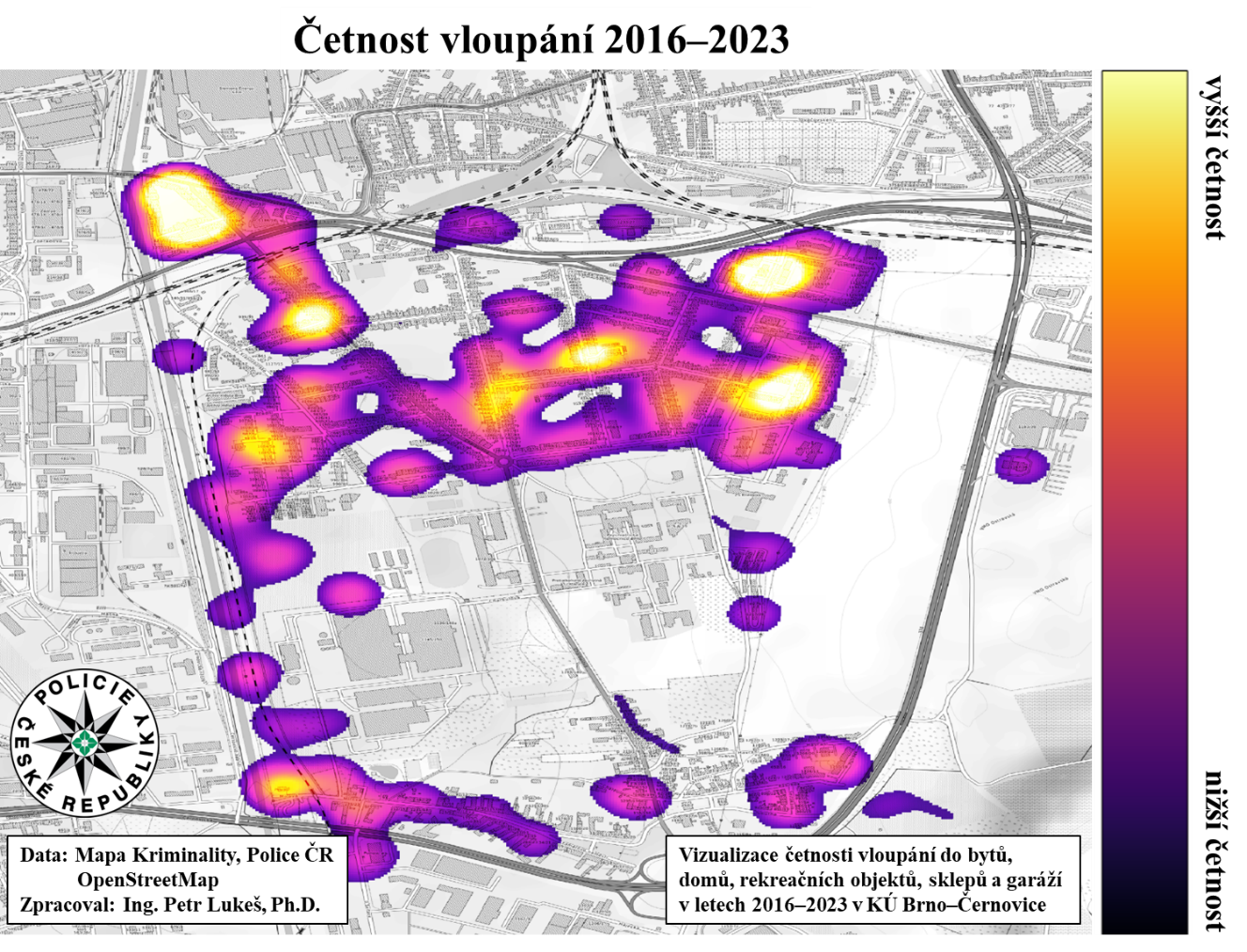 Mapa četnosti vloupání v Černovicích za období 2016-2023